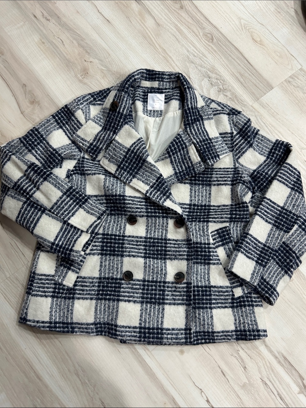 LC Lauren Conrad Plaid Double-Breasted Peacoat Jacket - Navy & Cream